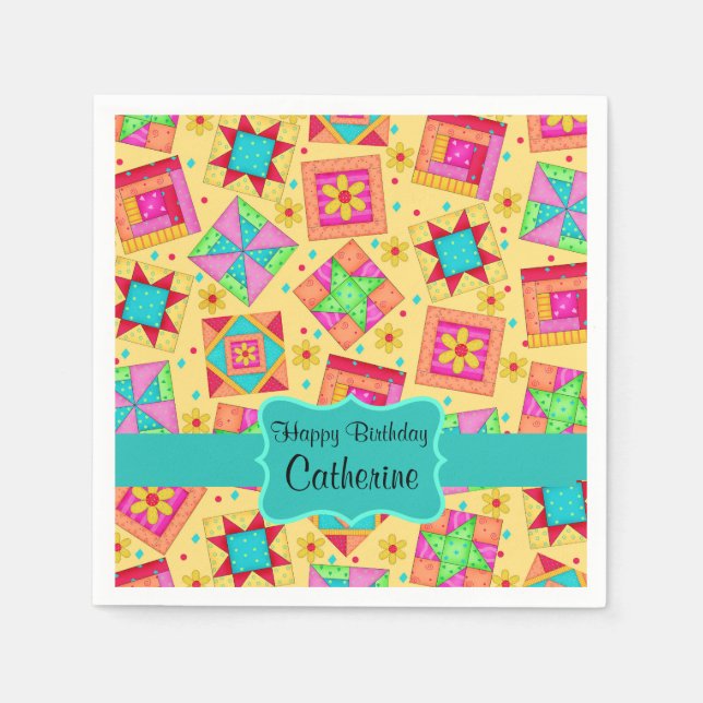 Yellow Patchwork Quilt Block Name Happy Birthday Napkin (Front)