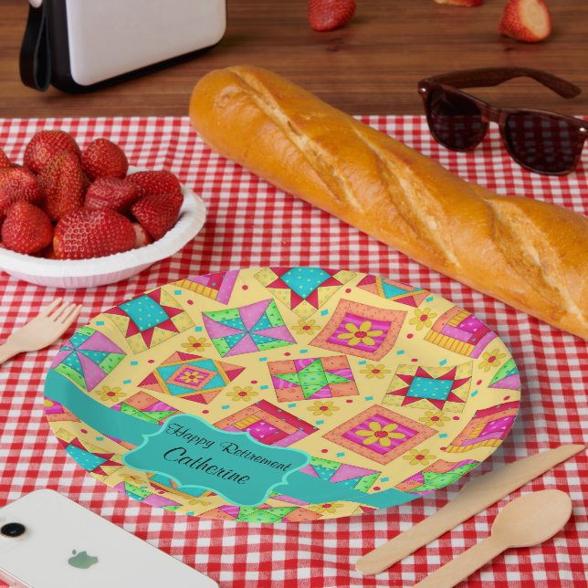 Yellow Patchwork Quilt Block Name Happy Retirement Paper Plate (Picnic)