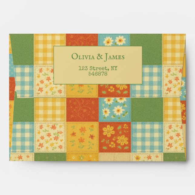 Yellow Patchwork Quilt Rustic Farmhouse Floral Envelope (Back (Top Flap))