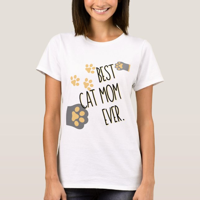Yellow Paw Pattern Best Cat Mom Ever T-Shirt (Front)