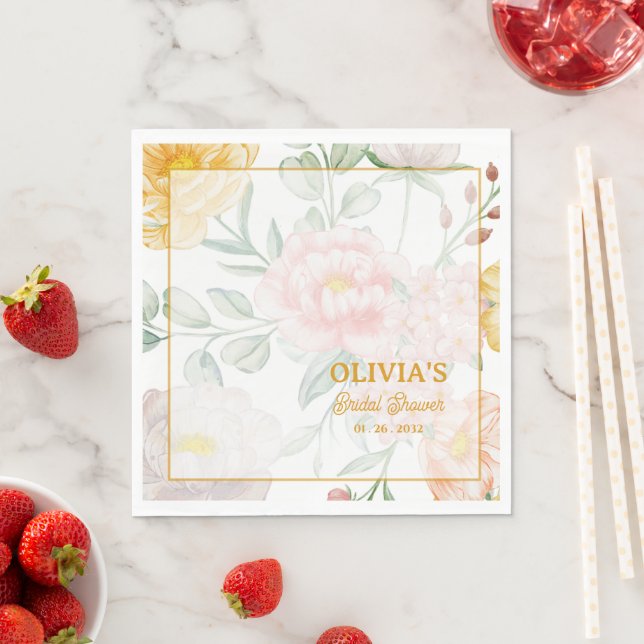 Yellow Peach Floral Arch Frame Bridal Shower Party Napkin (Insitu)
