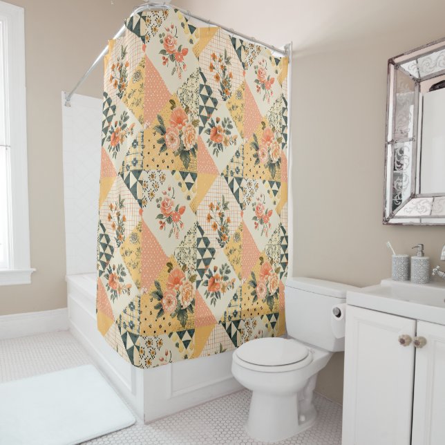 Yellow Peach Patchwork Quilt Rustic Retro Floral  (In Situ)