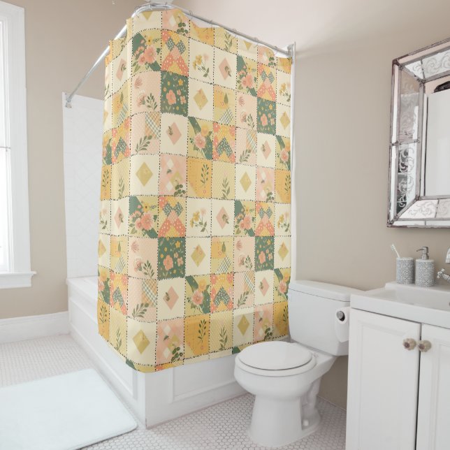 Yellow Peach Patchwork Quilt Rustic Retro Floral  (In Situ)