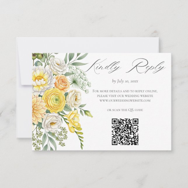 Yellow Peach Sage Green Floral Wedding Website QR  RSVP Card (Front)