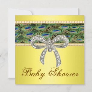 Yellow Peacock Diamond Bow Baby Shower Invitation