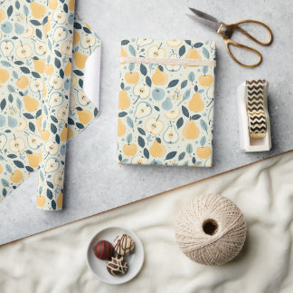 Yellow Pear and Leaf Fruit Pattern Design. Wrapping Paper
