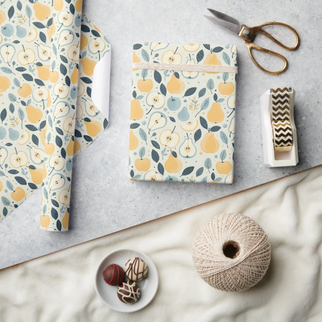 Yellow Pear and Leaf Fruit Pattern Design. Wrapping Paper (Crafts)