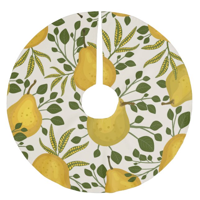 Yellow Pears Leaves White Background Brushed Polyester Tree Skirt (Front)