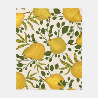 Yellow Pears Leaves White Background Fleece Blanket