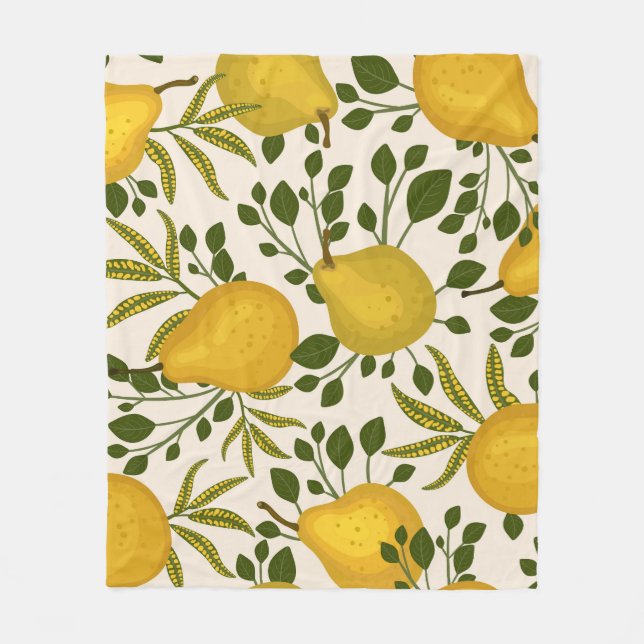 Yellow Pears Leaves White Background Fleece Blanket (Front)