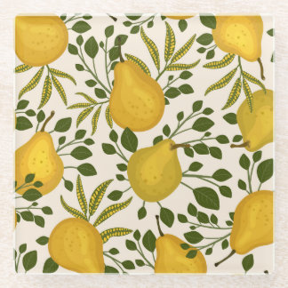 Yellow Pears Leaves White Background Glass Coaster