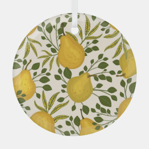 Yellow Pears Leaves White Background Glass Ornament