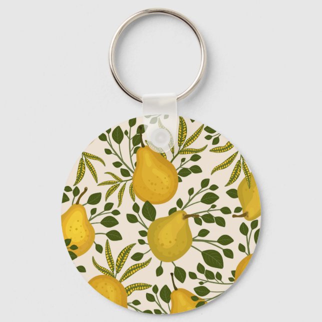 Yellow Pears Leaves White Background Keychain (Front)