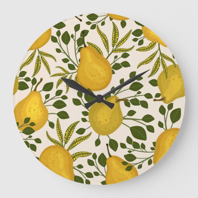Yellow Pears Leaves White Background Large Clock (Front)