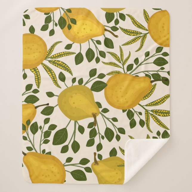 Yellow Pears Leaves White Background Sherpa Blanket (Front)
