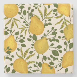 Yellow Pears Leaves White Background Stone Coaster