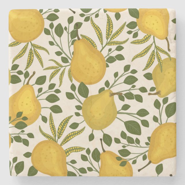 Yellow Pears Leaves White Background Stone Coaster (Front)