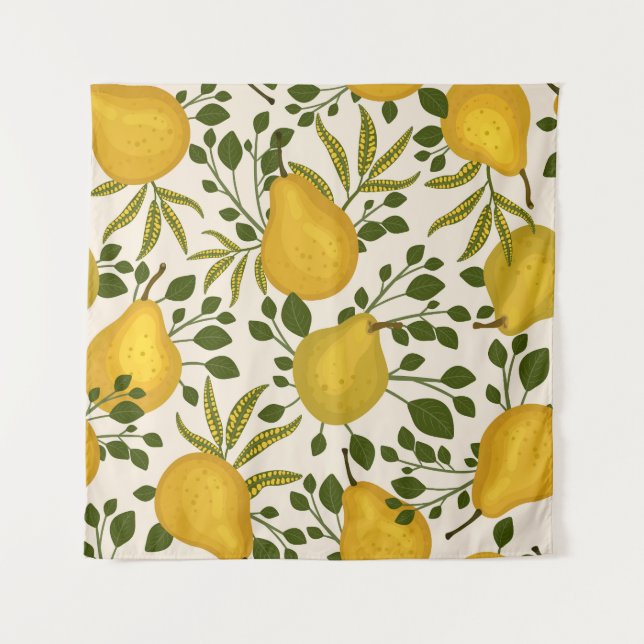 Yellow Pears Leaves White Background Tapestry (Front)
