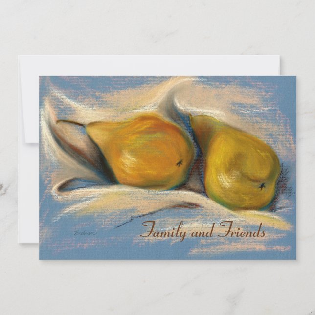 Yellow Pears on Blue Paper Drawing Thanksgiving Invitation (Front)