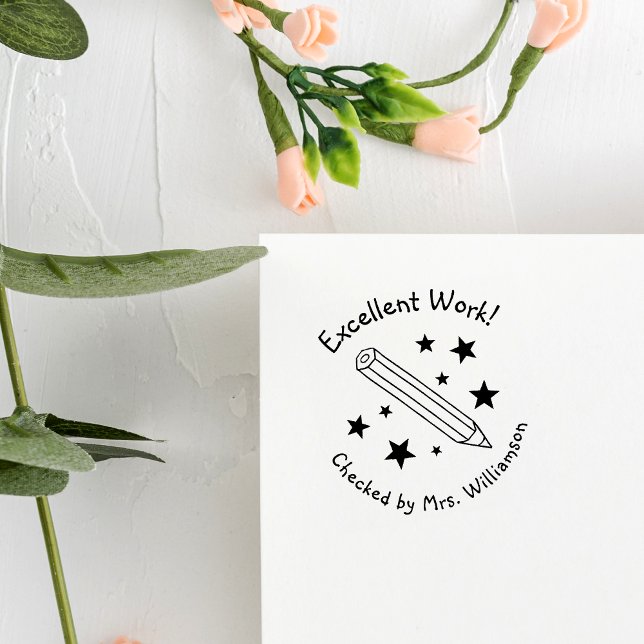 Yellow Pencil & Stars Excellent Work Teacher Self-inking Stamp (Creator Uploaded)