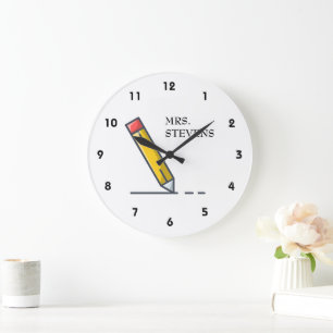 Yellow Pencil Teacher Name Large Clock