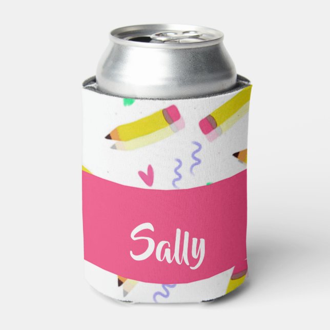 Yellow pencils and scrabbles on white can cooler (Can Front)