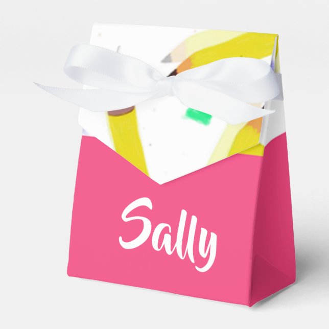 Yellow pencils and scrabbles on white favor box (Front Side)