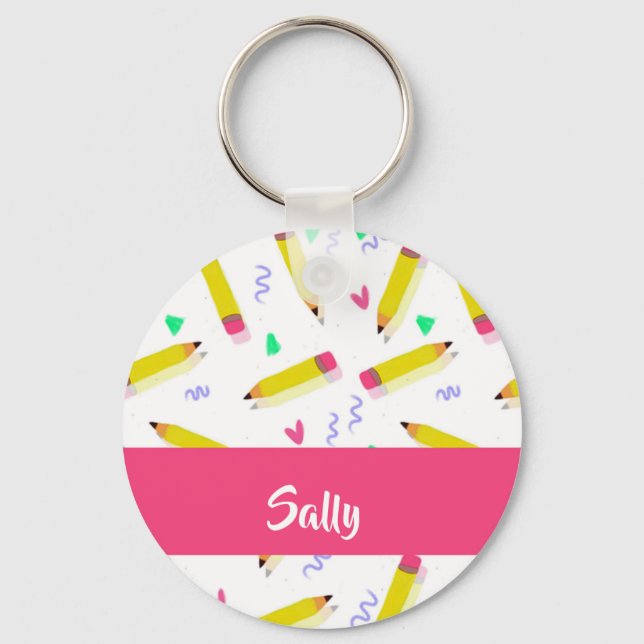 Yellow pencils and scrabbles on white keychain (Front)