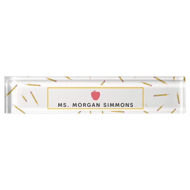 Yellow Pencils Pink Apple Teacher Nameplate (Front)