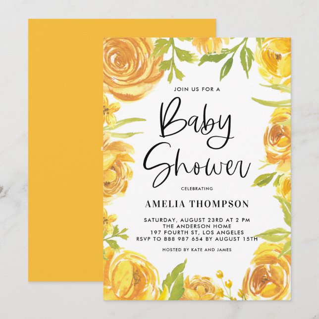 Yellow Peonies and Roses Floral Wreath Baby Shower Invitation (Front/Back)