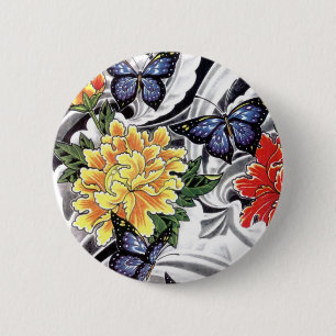 Yellow Peony and Butterfly Tattoo Design 2 Inch Round Button