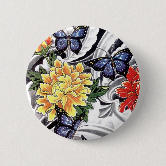 Yellow Peony and Butterfly Tattoo Design 2 Inch Round Button (Front)