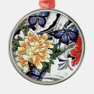 Yellow Peony and Butterfly Tattoo Design Metal Ornament
