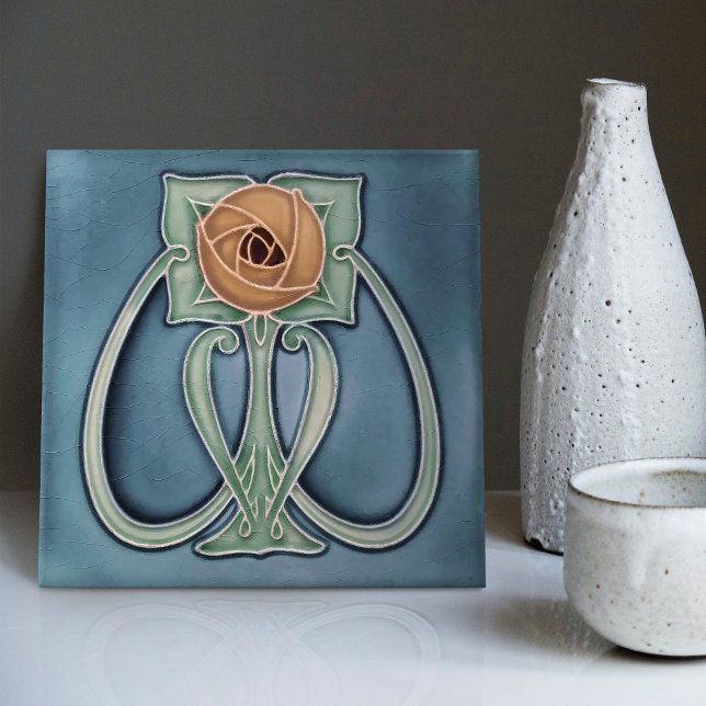 Yellow Peony Blue Decor Art Nouveau Art Deco Tile (Creator Uploaded)
