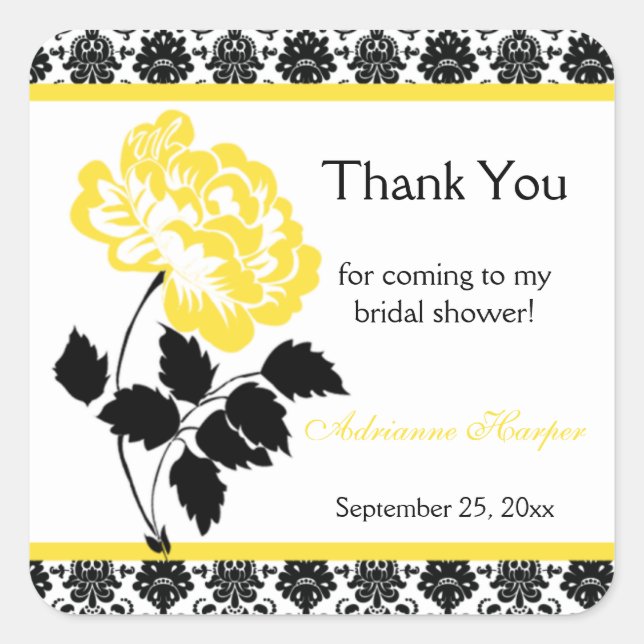 Yellow Peony on Black Damask Bridal Shower Sticker (Front)