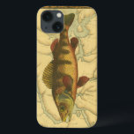 Yellow Perch on Map iPhone 13 Case<br><div class="desc">This print illustrates an artistic picture of a yellow perch fish. The background displays a vintage geographic map in light beige colours. The brown frame resembles old wood pattern with yellow-red flowers in the edges. A great addition to your fishing collection!</div>