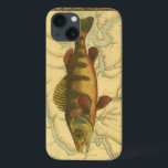 Yellow Perch on Map iPhone 13 Case<br><div class="desc">This print illustrates an artistic picture of a yellow perch fish. The background displays a vintage geographic map in light beige colours. The brown frame resembles old wood pattern with yellow-red flowers in the edges. A great addition to your fishing collection!</div>