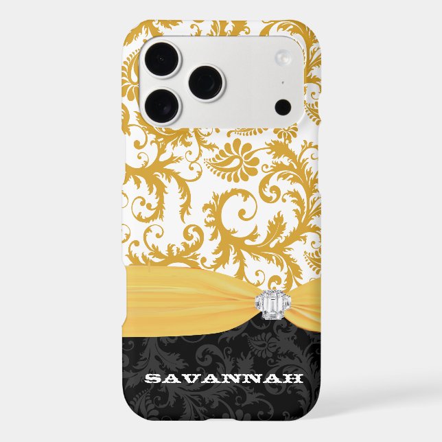 Yellow Personalized Faux Rhinestone Damask iPhone (Back)