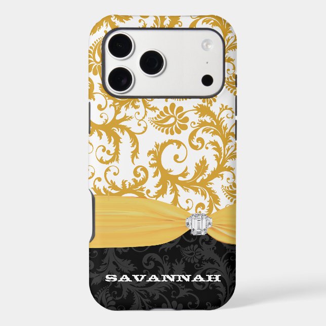 Yellow Personalized Faux Rhinestone Damask iPhone (Back)