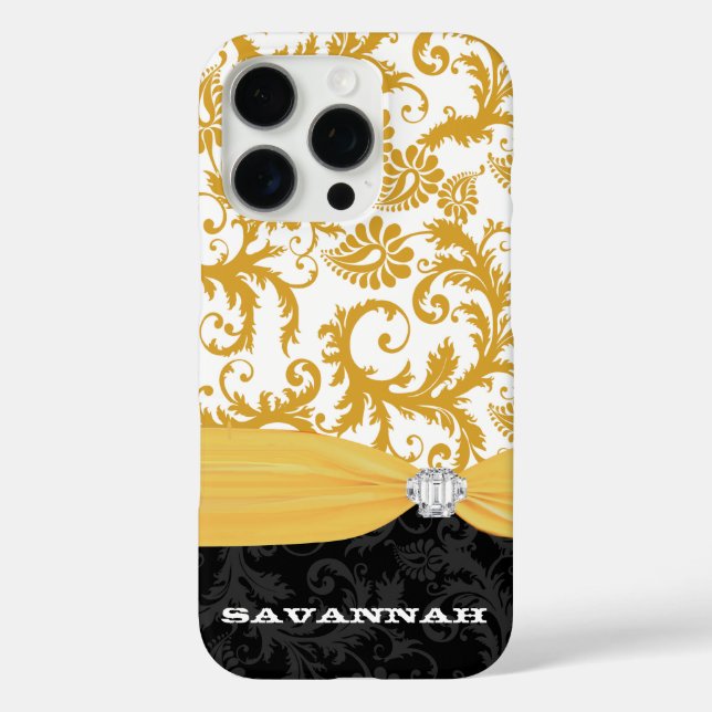 Yellow Personalized Faux Rhinestone Damask iPhone Case-Mate iPhone Case (Back)