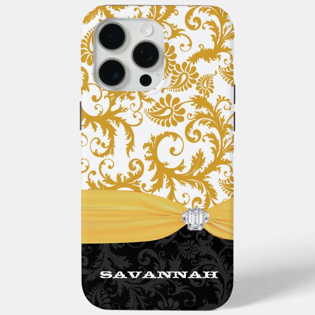 Yellow Personalized Faux Rhinestone Damask iPhone Case-Mate iPhone Case (Back)