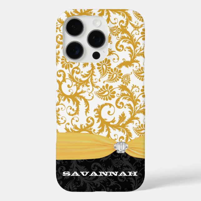 Yellow Personalized Faux Rhinestone Damask iPhone Case-Mate iPhone Case (Back)