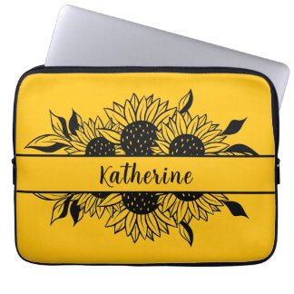 Yellow Personalized line drawn sunflowers Laptop Sleeve