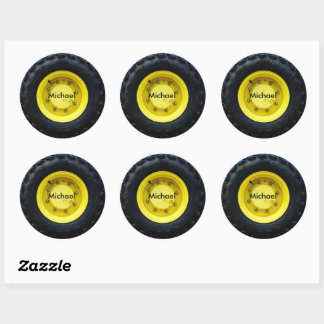yellow personalized name tractor wheel tire classic round sticker