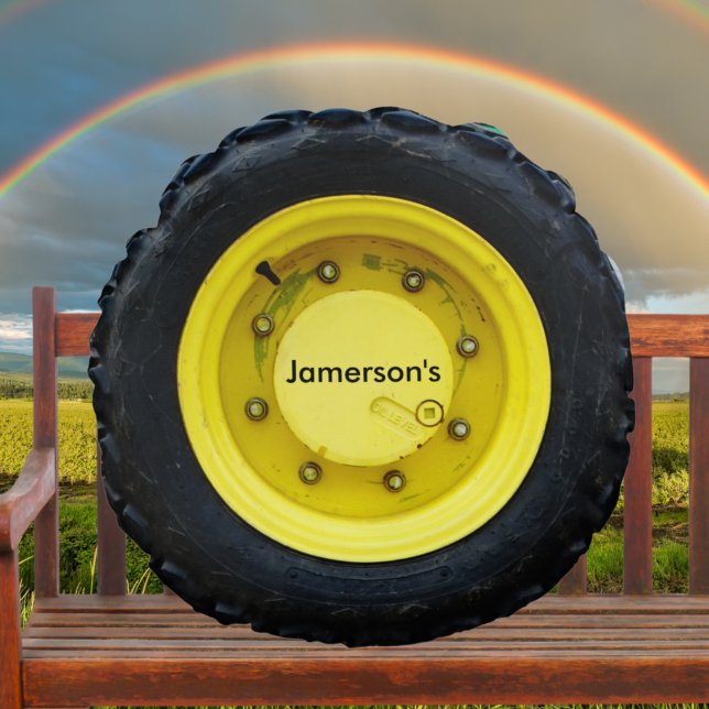 yellow personalized name tractor wheel tire round pillow (Creator Uploaded)