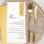 Yellow Personalized with Guest Name Elegant Menu<br><div class="desc">Why spend in place cards and menu cards when you can have an elegant All-in-one elegant Menu personalized with each guest name! Contemporary, simple and elegant design with beautiful modern hand written calligraphy. Stripe on the top right corner in attractive yellow tone with guest name in black. Back in same...</div>