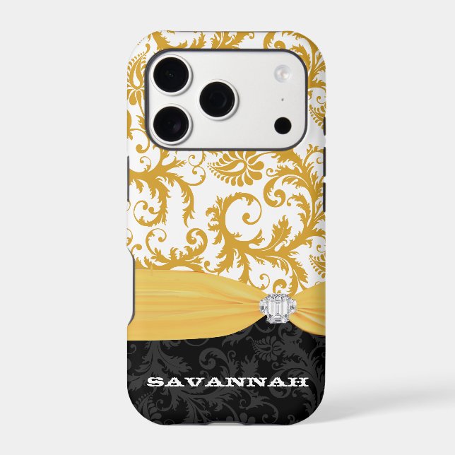 Yellow Personnalisé Faux Rhinestone Damask iPhone (Verso)