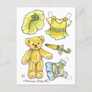 Yellow Petunia Teddy Bear Paper Doll cute Postcard