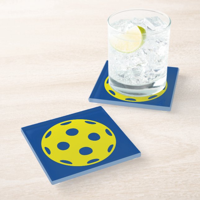 Yellow pickleball design glass drink coaster (Angled)