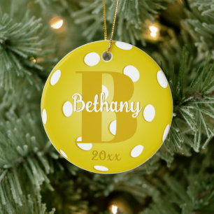 Yellow Pickleball Gold Monogram Name Ceramic Ornament
